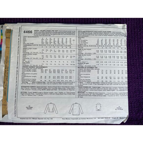 McCalls 4466 blazer vest sewing pattern sz 8 10 - Picture 3 of 5